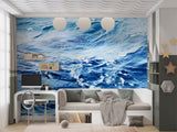 Peel and Stick Wall Mural for Living Room – Blue Ocean Waves Refreshing Design