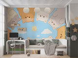 Pastel Cute Cats Peel and Stick Wallpaper – Kawaii Cat Circle Sky & Grass Wall Mural for Kids Room