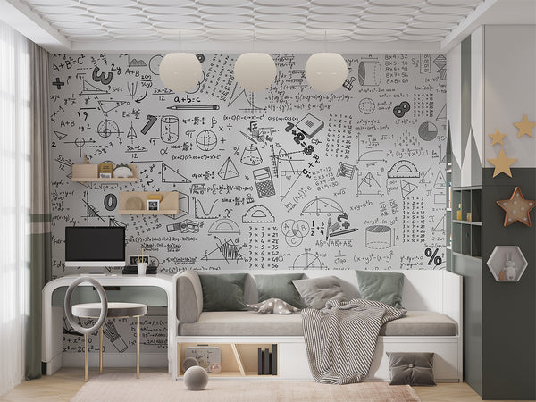 Graphic wallpaper Science theme Mathematical wallpaper Full wall peel and stick mural for kids’ room or living room Educational space print Gray background "Mathematical Formulas" 🧮