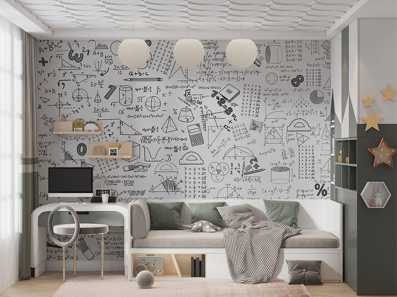 Graphic wallpaper Science theme Mathematical wallpaper Full wall peel and stick mural for kids’ room or living room Educational space print Gray background "Mathematical Formulas" 🧮