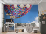 Floating House Balloon Wall Mural – Colorful Hot Air Balloon Peel and Stick Wallpaper