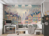 Whimsical Spring Town Wall Mural – Colorful Fantasy Houses Peel and Stick Wallpaper
