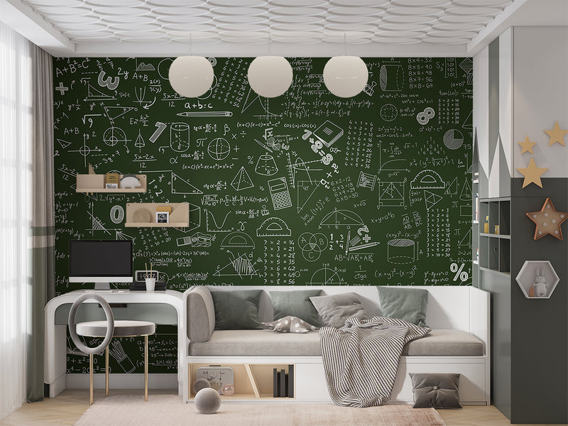 Wallpaper with formulas Math tasks design for kids’ room Peel and stick Mural Wall art Poster Educational zone or school print 📘