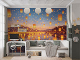 Peel and Stick Wall Mural Glowing Lanterns Over Water – Dreamy Nature Night Print for Kids Room