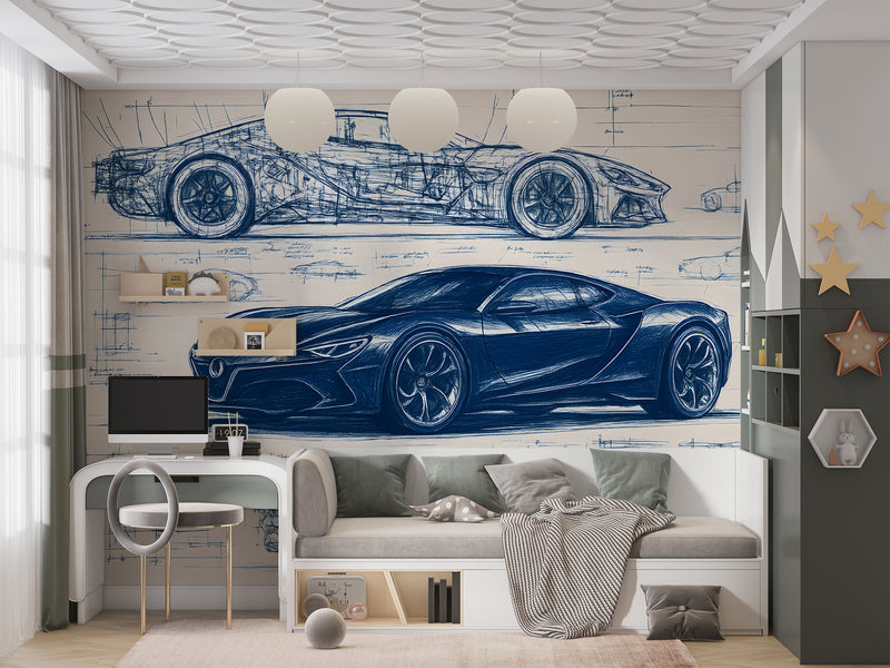 Minimalist wall design Full-wall self-adhesive wallpaper for garage, office print, art wall for a teenager's room "Car Blueprint in Blue" 🚗