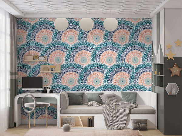 Indian print Pastel colors Full wall Peel and Stick Mural for living room Art wall for bedroom Relaxation area design "Mandala" accent wall