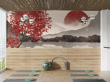 🌅"Watercolor Japanese Sumi-e Style With Minimalist Touch Self-Adhesive Wallpaper For Cozy Living Room, Bedroom, Home Gym "Japanese Sunset" 🌅