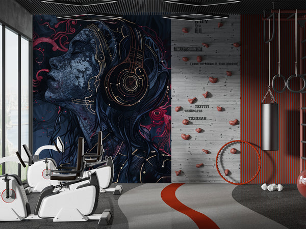 Art Abstraction Wall Vinyl Wallpaper Peel and Stick Mural Sports Theme For Office, Hall, Gym "Cosmic Enjoyment Of Music"