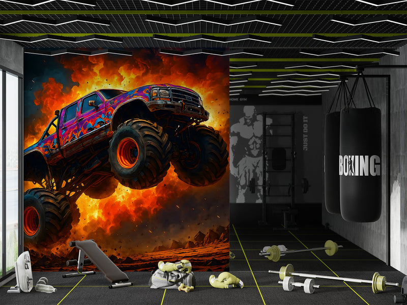 Car Print Peel and Stick Wall Mural for Full Wall in Hall, Office, Living Room "Monster Truck: Flame of Danger" 🔥🚙
