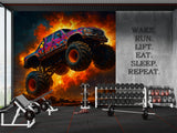 Car Print Peel and Stick Wall Mural for Full Wall in Hall, Office, Living Room "Monster Truck: Flame of Danger" 🔥🚙