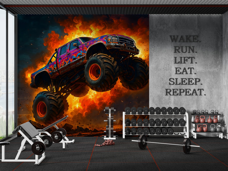 Car Print Peel and Stick Wall Mural for Full Wall in Hall, Office, Living Room "Monster Truck: Flame of Danger" 🔥🚙