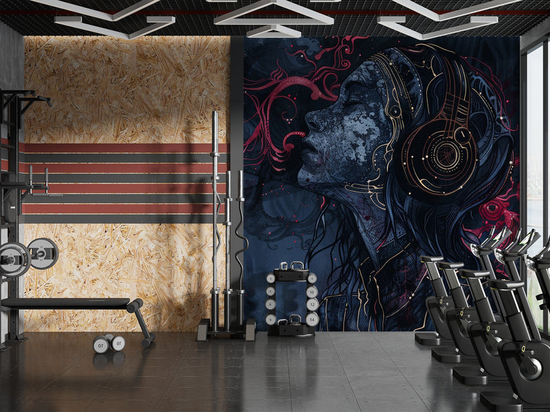 Art Abstraction Wall Vinyl Wallpaper Peel and Stick Mural Sports Theme For Office, Hall, Gym "Cosmic Enjoyment Of Music"