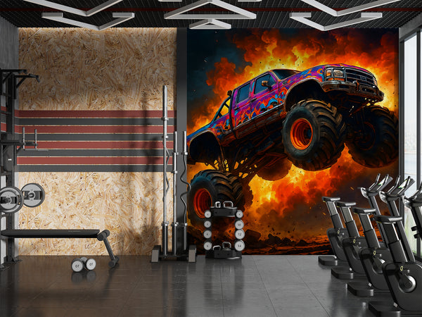 Car Print Peel and Stick Wall Mural for Full Wall in Hall, Office, Living Room "Monster Truck: Flame of Danger" 🔥🚙