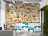 Non-woven wallpaper, vibrant wall decor for kitchen or café – "Coffee and Dessert in Vintage Style"