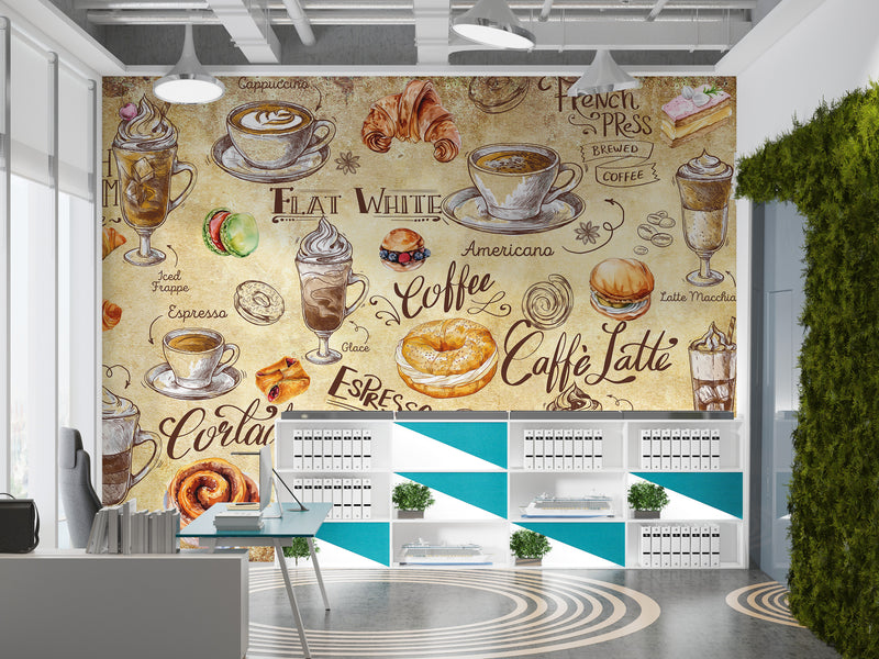 Non-woven wallpaper, vibrant wall decor for kitchen or café – "Coffee and Dessert in Vintage Style"
