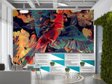 Vibrant Red Parrot Floral Peel and Stick Wallpaper – Tropical Botanical Style in Teal, Orange & Gold