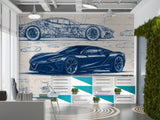 Minimalist wall design Full-wall self-adhesive wallpaper for garage, office print, art wall for a teenager's room "Car Blueprint in Blue" 🚗