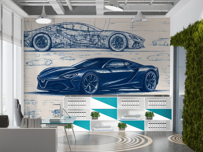 Minimalist wall design Full-wall self-adhesive wallpaper for garage, office print, art wall for a teenager's room "Car Blueprint in Blue" 🚗
