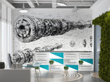 Self-Adhesive Wall Mural – Technical Engineering Drawing Wallpaper for Office