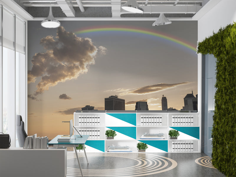 Nature and Urban Wall Mural – Self-Adhesive Full Wall Art for Bedroom, Office, Living Room | "Rainbow over the City" Home Print 🌆🌈