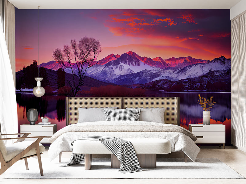 Bedroom and Living Room Wallpapers – Natural Print, Traditional Wall Murals for Accent Wall "Magnetic Mountains in Sunset Rays", Bold Design 🌄