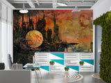 Futuristic Dystopian Cityscape Wall Mural – Surreal Sunset Abstract Peel and Stick Wallpaper, Living Room Art Print, Modern Office Design Decor