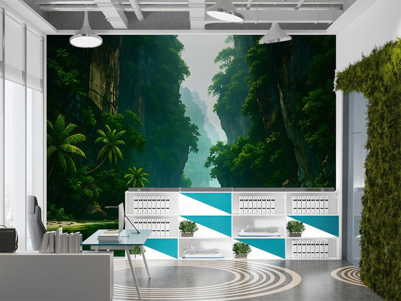 Art Wallpaper For The Whole Wall, Peel and Stick Wall Mural For Office, Print For Living Room, Poster For Bedroom "Mysterious Tropical Passage" 🌿