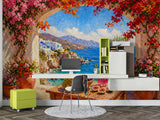 Impressionist Santorini Sea View Wall Mural - Mediterranean Terrace Oil Painting Non-Woven Wallpaper