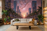 Sunset Cityscape Wall Mural Non-Woven Wallpaper Dreamy Pink Galaxy Urban Print