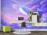 Dreamy Space Whale Wall Mural - Pastel Purple Clouds & Planets Nursery Non-Woven Wallpaper