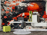 Japanese Koi Fish Wall Mural - Zen Red Sun & Cherry Blossom Ink Art Peel and Stick Wallpaper