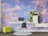 Dreamy Iridescent Bubbles Wall Mural - Pastel Sky & Soft Clouds Peel and Stick Wallpaper