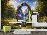 Enchanted Forest Portal Peel and Stick Mural | Fairy Tale Castle Waterfall Magical View Wallpaper