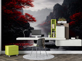 Moody Japanese Zen Garden Wall Mural - Dark Mist Mountains Peel and Stick Wallpaper