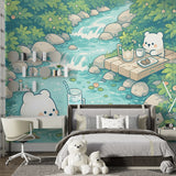Kawaii Polar Bear Creek Picnic Nursery Wallpaper - Peel & Stick Mural