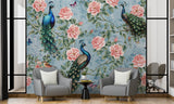 Peel and Stick Wall Mural Peacocks in Flowers for Bedroom