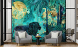 Traditional Jungle Wallpaper with Lion – Emerald Green Botanical Wall Mural with Gold Accents for Living Room & Bedroom