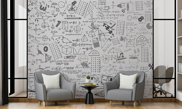 Graphic wallpaper Science theme Mathematical wallpaper Full wall peel and stick mural for kids’ room or living room Educational space print Gray background "Mathematical Formulas" 🧮
