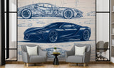 Minimalist wall design Full-wall self-adhesive wallpaper for garage, office print, art wall for a teenager's room "Car Blueprint in Blue" 🚗