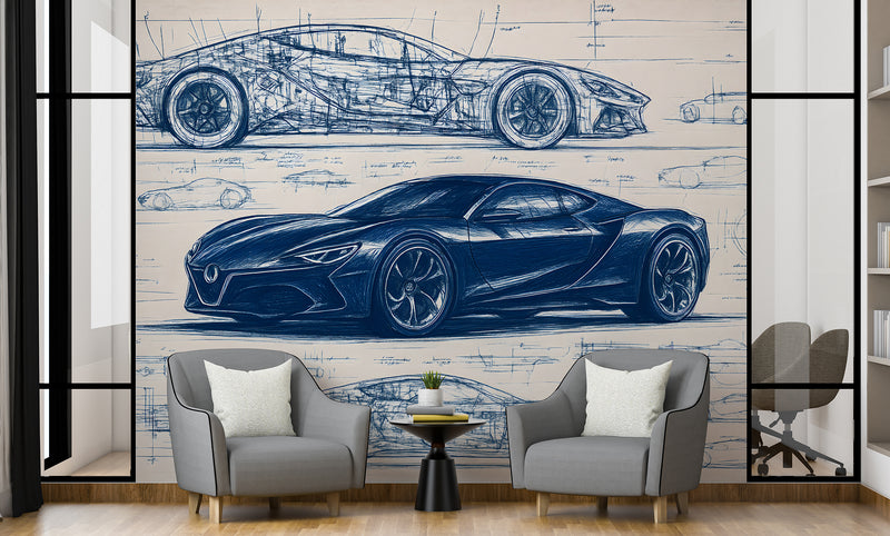 Minimalist wall design Full-wall self-adhesive wallpaper for garage, office print, art wall for a teenager's room "Car Blueprint in Blue" 🚗