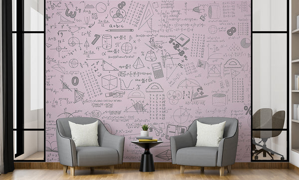 Mathematical shapes and tasks Pastel background Wallpaper for kids’ room Soft pink color for a girl’s room Educational print Peel and stick wall mural Classroom poster Full wall art