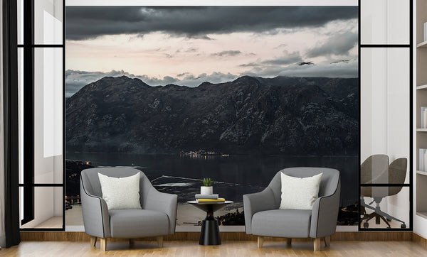 Nordic Design Peel and Stick Wall Mural Scandinavian Style Evening View of the Old Town of Kotor Bay from Mount Lovćen Print for Living Room, Office or Bedroom