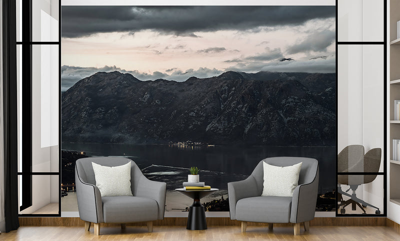 Nordic Design Peel and Stick Wall Mural Scandinavian Style Evening View of the Old Town of Kotor Bay from Mount Lovćen Print for Living Room, Office or Bedroom