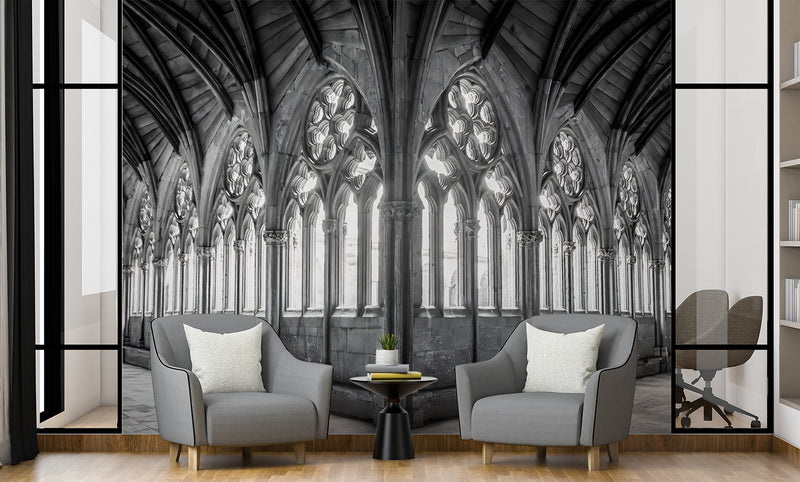 Non-Woven Black and White Wallpaper Lincoln Cathedral Interior – Large Architectural Wall Mural for Living Room, Office, and Bedroom