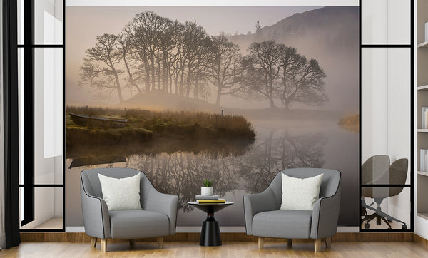 Nature Lake Wallpaper Boat Near Foggy Lake Vinyl Wallpaper Peel and Stick For Living Room, Bedroom, Relaxation Area