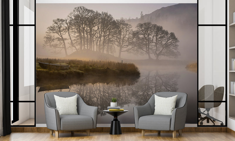 Nature Lake Wallpaper Boat Near Foggy Lake Vinyl Wallpaper Peel and Stick For Living Room, Bedroom, Relaxation Area