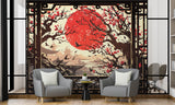 Vintage Japanese Style Wallpaper For Living Room "View From The Window To The Red Sun" Art Wall Self-Adhesive Artistic Wall Mural For Bedroom, Workspace, Office 🌅
