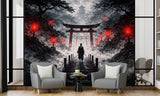 Traditional Wall Mural for a Gaming Zone – Chill Area Print Samurai Walking Toward the Temple