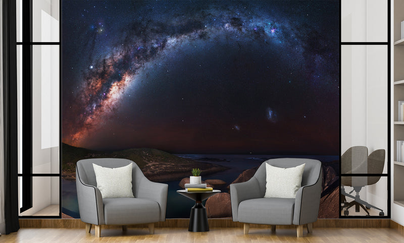 Nature and Space Wall Mural – Unique Design for Living Room, Office, Bedroom | Self-Adhesive Accent Wall Mural – Art Wall for Bedroom "Milky Way over the Ocean"🌌✨
