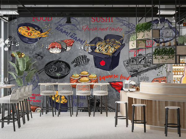 High-Quality Self-Adhesive Photo Wallpaper With Custom Design For Kitchen, Restaurant, Or Office – "Japanese Cuisine On A Dark Background"